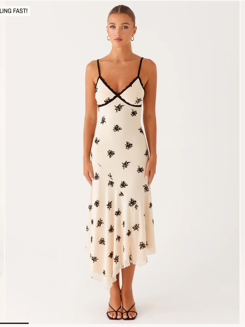 Peppermayo Amelia Midi Dress — Nude with Black Floral Detail
